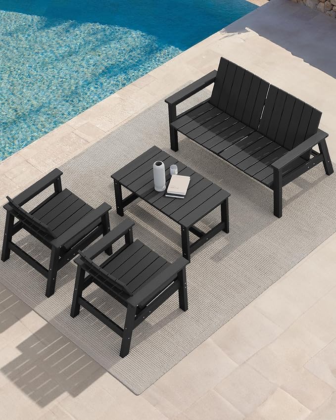 SERWALL Patio Coffee Table, HDPE Rectangle Outdoor Coffee Table Set of 2, Black-Ruum Studio Home