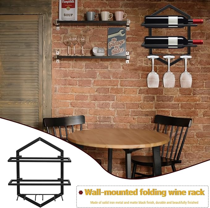 Wall Mounted Wine Stemware Rack, Metal Hanging Wine Glass Display Holde Holds 3 Cups 2 Bottles, Elegant Storage for Kitchen Dining Room Bar Wine Cellar (Black 1)-Ruum Studio Home