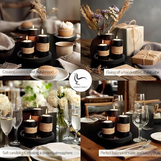 IYARA CRAFT Tealight Candle Holders with Tray – Set of 3 Handmade Wooden Candle Holders with Natural Rope Accent – Rustic Black Decor for Table Centerpiece, Office or Gift-Ruum Studio Home