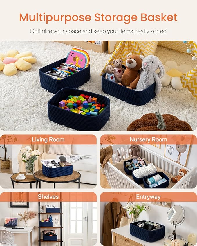 Small Woven Basket, 13.5 x 9.5 x 5 Inches, Storage Basket for Organizing, Cute Small Rope Shelf Closet Cube Storage Bins Baskets for Shelves, Dog Toy Gift Baskets Empty, 3 Packs, Navy Blue-Ruum Studio Home