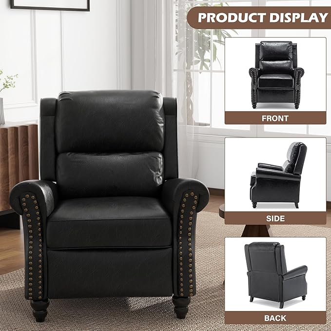 UIXE Pushback Recliner Chairs Set of 2, PU Leather Armchair Push Back Accent Chair, Rivet Trim Club Chair Home Theater Overstuffed Single Sofa Reading Seat for Living Room, Black-Ruum Studio Home