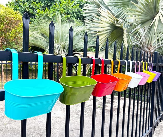 8 Pack Hanging Planters 10", Colorful Metal Bacony Railing Planter for Outdoor Decor, Countryside Fence Pot Flower Bucket for Rails Patio Garden, Plant Pot for Herb (Multi-Color, 8Pcs)-Ruum Studio Home