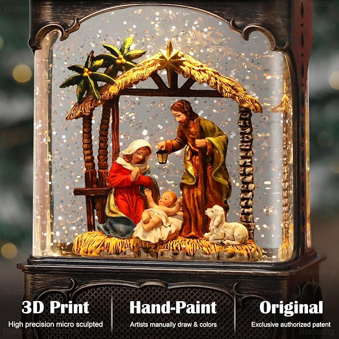 Nativity Snow Globe Lantern Christmas Decorations Gifts Auto Snowfall Glitter Music Collection Manger Sheep Pen Nativity Scene with 6H Timer USB/Battery Powered 10.2 inch-Ruum Studio Home