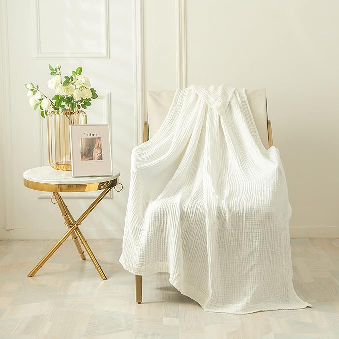 EMME Cotton Blanket Queen Size for Bed Soft Large Muslin Bed Bedspread 90"x90" Lightweight Breathable White Blanket All Season Gauze, White-Ruum Studio Home