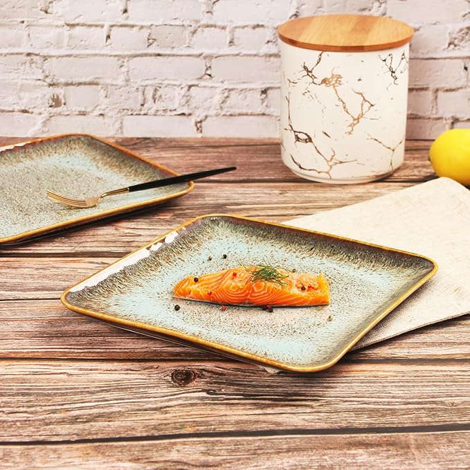 Ceramic Dinner Plates Dish Set,Set of 4,for Lunch snacks -Microwave Oven & Dishwasher Safe,Scratch Resistant,Dinnerware Kitchen Porcelain Serving Dishes,9 inch Square-Ruum Studio Home