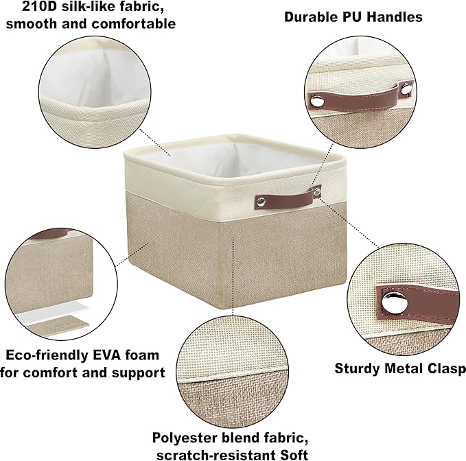 SIMPLE HOUSEWARE Large Fabric Storage Bin, 15" x 11" with Leather Like Handles, 3 Pack, Beige-Ruum Studio Home