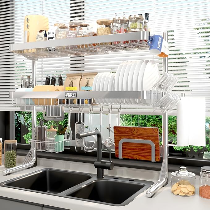 VNKZI Over Sink Dish Drying Rack, 3 Tier Full Stainless Steel Storage Adjustable Length (25.98'' to 36.61'') Kitchen Rack, Multifunctional Expandable Counter Organizer, Space Saver Dish Rack-Ruum Studio Home