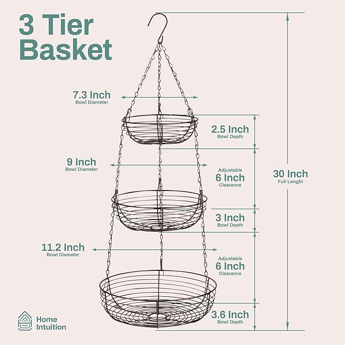 Home Intuition 3-Tier Hanging Fruit Produce Basket Heavy Duty Wire with 2 Metal Ceiling Hooks, Round, Bronze-Ruum Studio Home