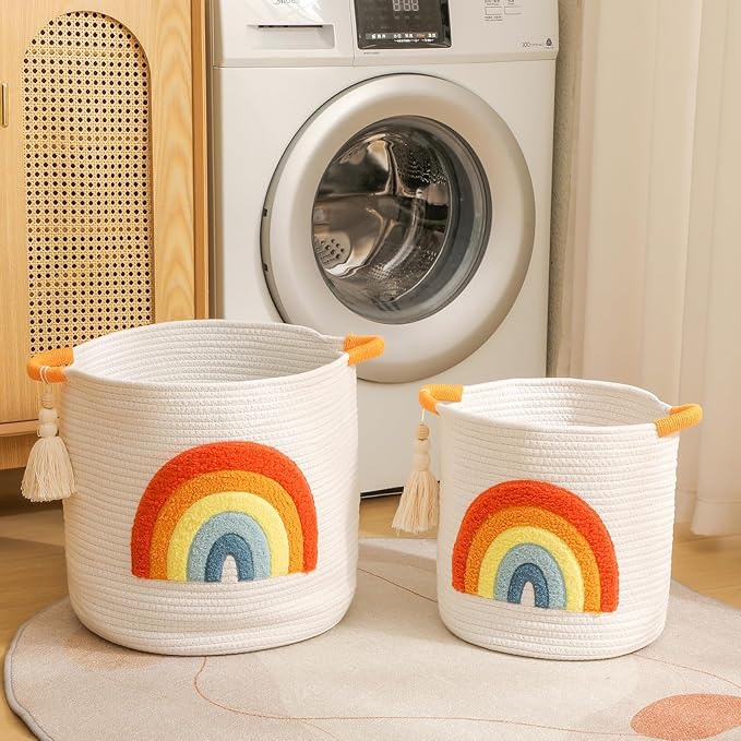 INough Toy Storage Baskets Woven Cotton Rope Storage Basket Kids Blanket Baskets for Living Room, Toys Organizer with Embroidery Colorful Rainbow Decor, Baby Basket for Laundry Nursery (Boho Rainbow)-Ruum Studio Home