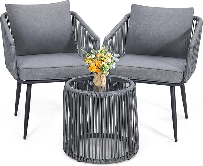Kromax 3 Pieces Patio Rattan Bistro Conversation Set, Outdoor All-Weather Wicker Furniture Chairs and Side Table Set Ideal for Balcony, Porch and Backyard, Grey-Ruum Studio Home