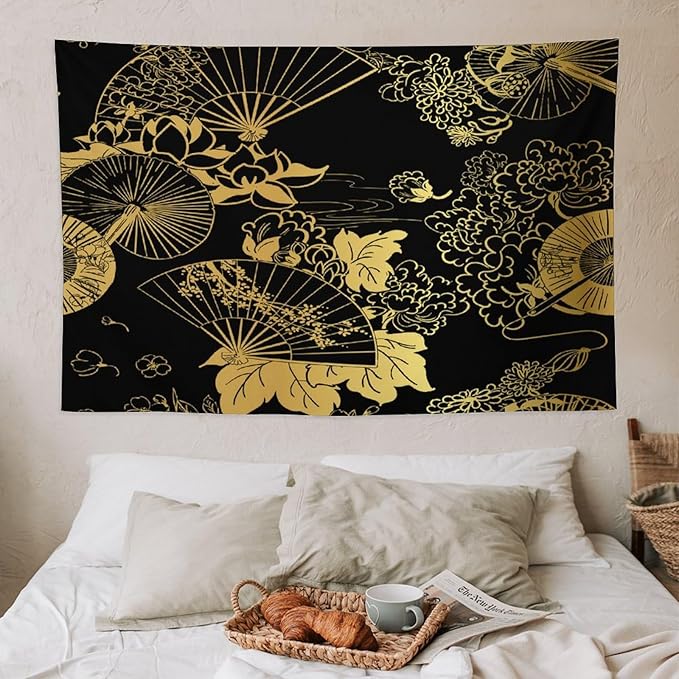 HZOHNAGO Japanese Tapestry Gold Flowers Umbrella Fan Pattern Printed Wall Tapestry Painting Wall Hanging for Bedroom Living Room Dorm 60" W x 40" H-Ruum Studio Home