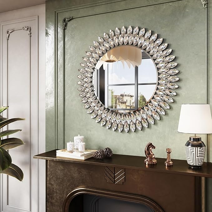 Kelly Miller Round Jeweled Mirror for Wall Decor, 26 in Modern Decorative Wall Mirror with Luxury Diamonds Beveled Vanity Mirror for Bedroom Dresser, Living Room Table, Bathroom, Hallway, Entryway-Ruum Studio Home