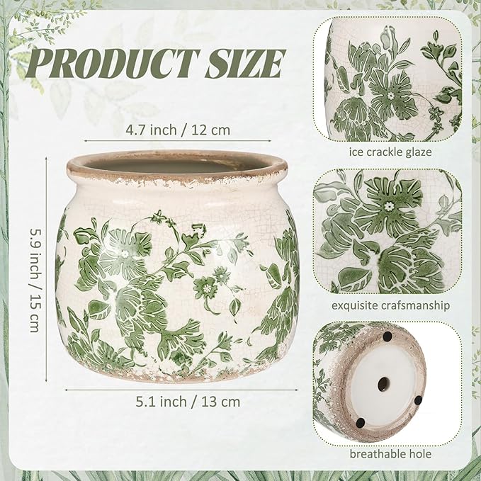 2 Pcs Vintage Planter Large Ceramic Plants Pot Beige Green Vintage Floral Ice Crack Cottage Scroll Vase Flower Vase Pot Indoor Plants Home Kitchen Decor Farmhouse Antique Decorative Gifts-Ruum Studio Home