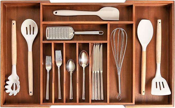 Premium Silverware, Flatware and Utensil Organizer for Kitchen Drawers, Food-Safe Contract Grade, Expandable from 16 to 28 In, Natural Acacia-Ruum Studio Home