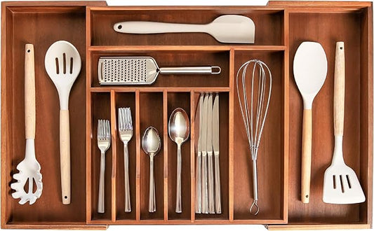 Premium Silverware, Flatware and Utensil Organizer for Kitchen Drawers, Food-Safe Contract Grade, Expandable from 16 to 28 In, Natural Acacia-Ruum Studio Home