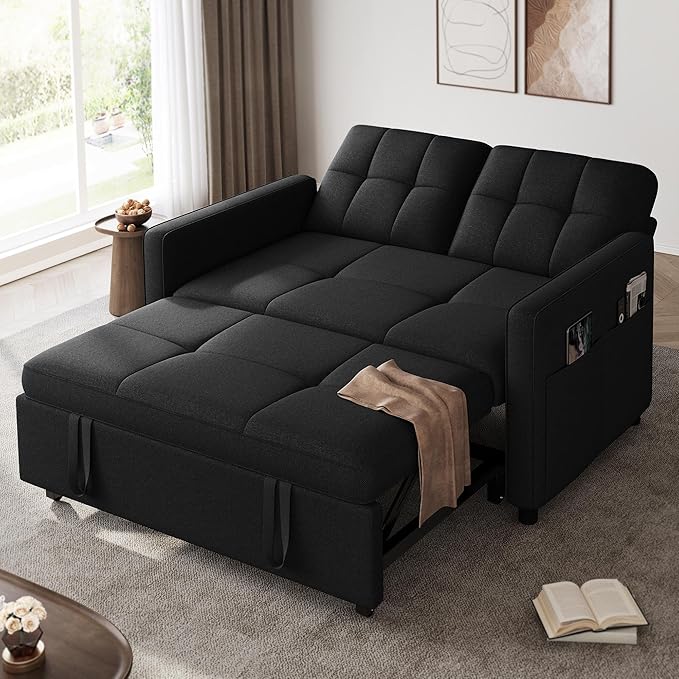 YITAHOME 55" Convertible Sofa Bed, 3-in-1 Sleeper Sofa with Iron Frame Pull-Out Bed, Linen Futon Couch with Reclining Backrest and Side Pocket, Modern Loveseat for Living Room Bedroom Apartment, Black-Ruum Studio Home