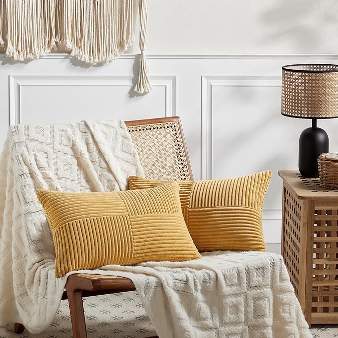 Fancy Homi 2 Packs Gold Yellow Lumbar Decorative Throw Pillow Covers 14x24 Inch for Couch Bed Sofa, Rustic Farmhouse Boho Spring Home Decor, Soft Striped Corduroy Rectangle Accent Cushion Case 35x60cm-Ruum Studio Home
