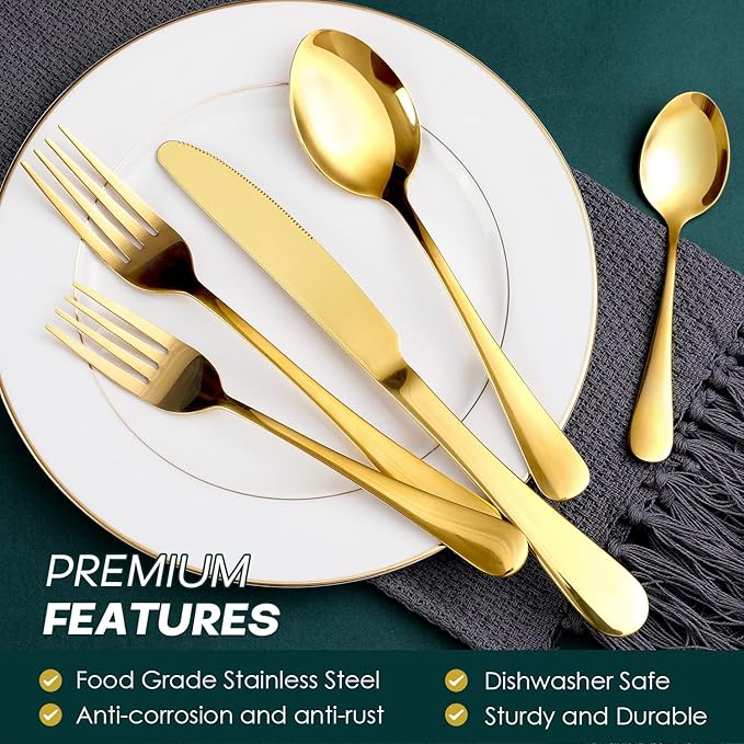 Gold Silverware Set, OGORI 40-Piece Food Grade Stainless Steel Gold Flatware Set, Kitchen Utensil Set Service for 8, Mirror Polished Tableware Cutlery Set for Home and Restaurant, Dishwasher Safe-Ruum Studio Home