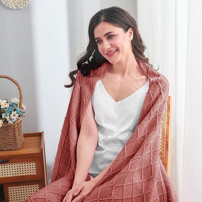 InHand Knitted Throw Blanket for Couch and Bed, Soft Cozy Knit Blanket with Tassel, Coral Pink Lightweight Decorative Throw, Farmhouse Warm Woven Throw for Men and Women, 50"x60"-Ruum Studio Home