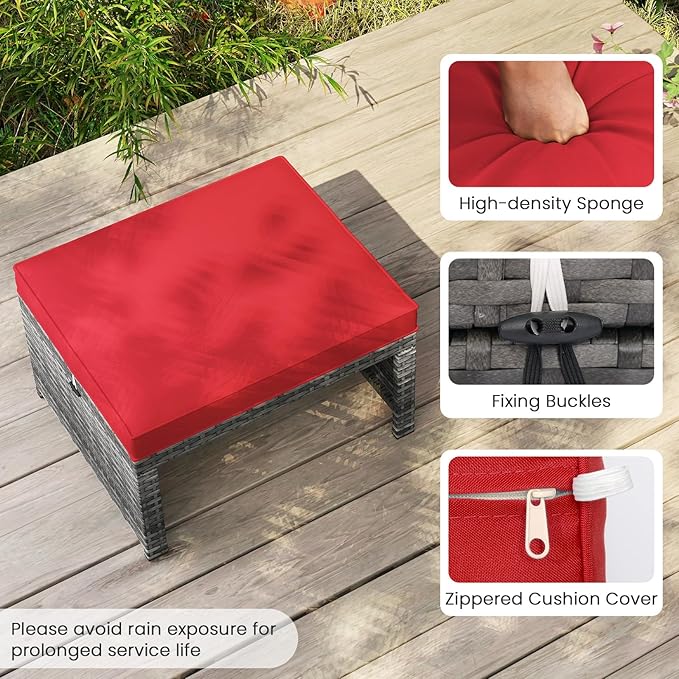 Tangkula 2 Pieces Patio PE Rattan Ottomans, Multipurpose Outdoor Footstool Footrest Additional Seating Side Table with Soft Zippered Cushions for Deck, Garden, and Yard (Red)-Ruum Studio Home