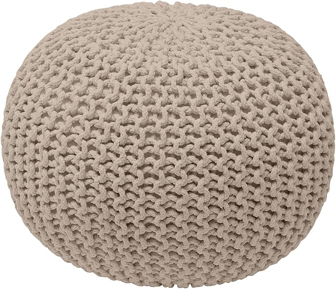 Ornavo Home Pouf Ottoman Foot Rest - 100% Cotton Pouffe - Hand Knitted Cable Braid Cord - Boho Round Stuffed Ottoman for Living Room, Bedroom - Beige-Ruum Studio Home