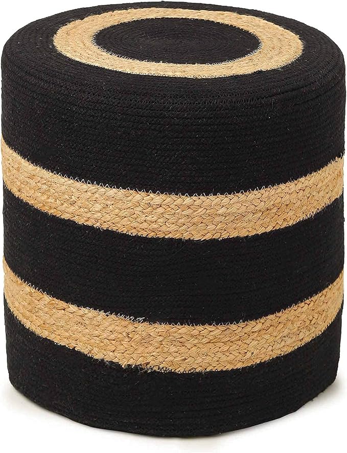 REDEARTH · Cylindrical Pouf Foot Stool Ottoman - Jute Braided Pouffe Poof Accent Sitting Footrest for The Living Room, Bedroom, Nursery, Patio, Lounge & Other Rooms (14.5”x14.5”x16”; Black Natural)-Ruum Studio Home