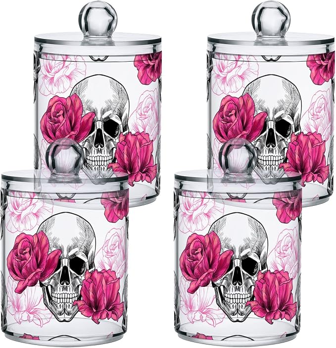 2 Pack Qtip Holder Dispenser Skull Rose Flower Bathroom Storage Canister Lid Acrylic Plastic Apothecary Jar Set Vanity Makeup Organizer for Cotton Swab/Ball/Round Pads, Floss-Ruum Studio Home