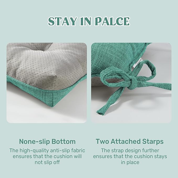 puredown® Chair Cushions for Dining Chairs, Tufted Memory Foam Chair Pads with Non-Slip Backing, Kitchen Seat Cushions with Ties, Washable Seat Pad Set of 4, 15.5" x 15.5" x 4", Green-Ruum Studio Home