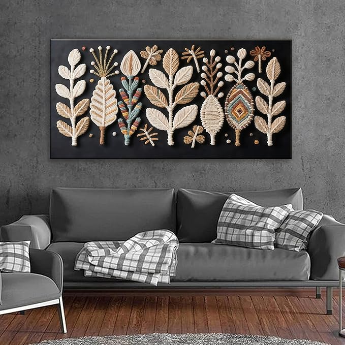 Boho Black Wall Art Chic Home Wall Art Modern Multicolor Leaves Feather Canvas Wall Art Decor For Living Room Bedroom Apartment Kitchen 24"W X 48"L Ready To Hanging-Ruum Studio Home