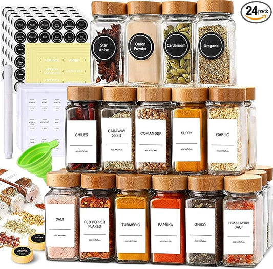 Set of 24 Glass Spice Jars with Various Labels, Bamboo Shaker Lids & Funnel, Kitchen Storage Jars with Airtight Lid, Spices & Seasonings Sets Organizer, Spice Containers, Glass Jar Food Canister-Ruum Studio Home