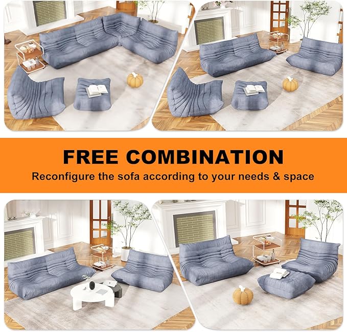Full Foam Loveseat Sofa,Adults Bean Bag Chairs Floor Couch with Soft Waterproof Fabric,Armless Fireside Lounge Chair for Living Room,Apartment and Office (Grey)-Ruum Studio Home