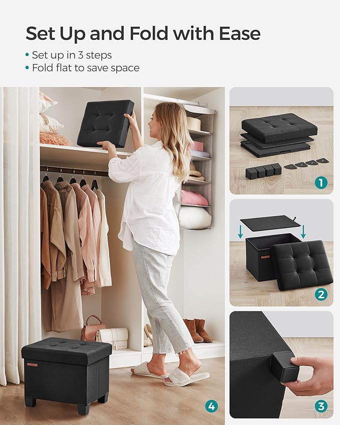 SONGMICS Storage Ottoman, Small Ottoman Foot Rest with Legs, 12.6 x 15.8 x 13.2 Inches Foot Stool, Load up to 660 lb, for Living Room, Bedroom, Dorm, Ink Black ULSF012B01-Ruum Studio Home