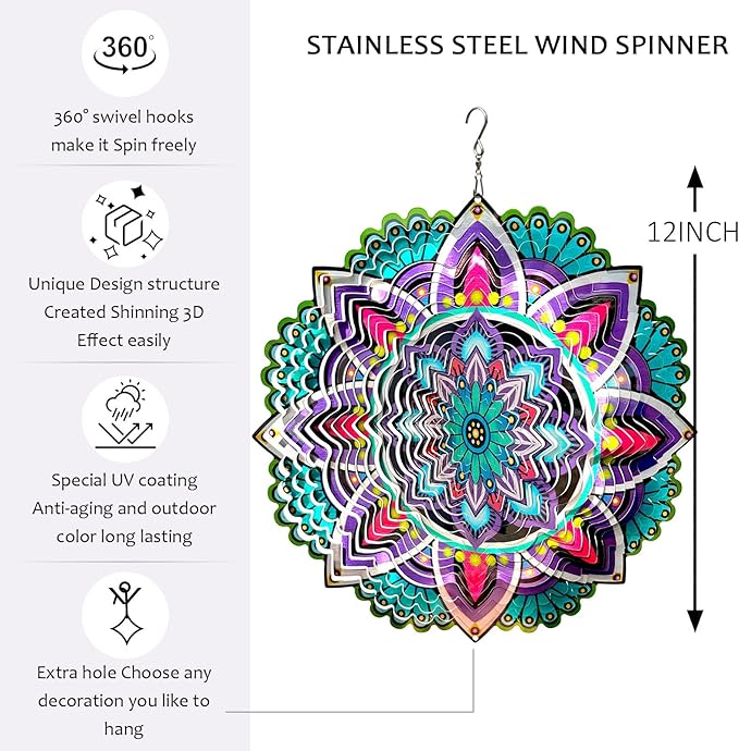 Hanging Wind Spinners for Yard and Garden Mandala Purple Star,Kinetic Wind Spinners Outdoor Worth Gift Christmas Decorations,12Inch Stainless Steel Wind Spinner for Outdoor&Indoor Decor-Ruum Studio Home