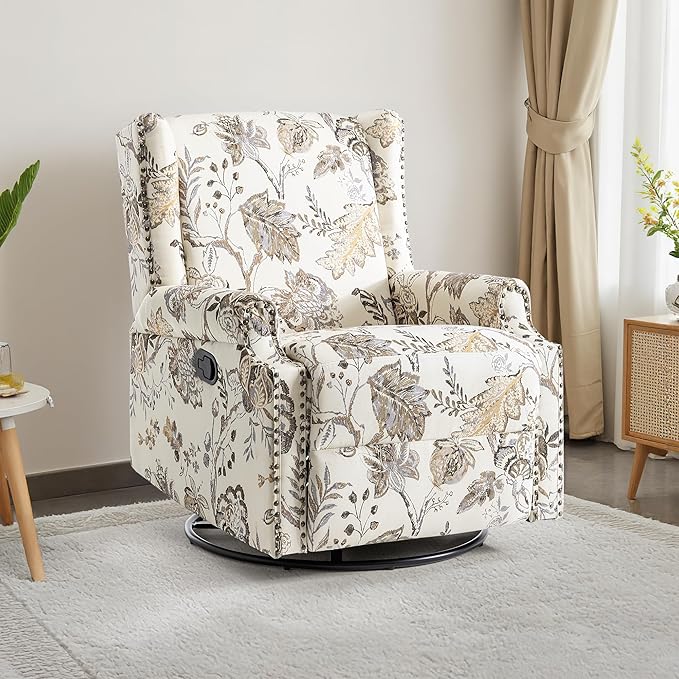 UIXE Swivel Rocker Manual Recliner Chair, Wingback Swivel Glider Fabric Nursery Reclining Sofa Chair, High Back Upholstered Arm Chair for Living Room Bedroom - Beige Plants-Ruum Studio Home