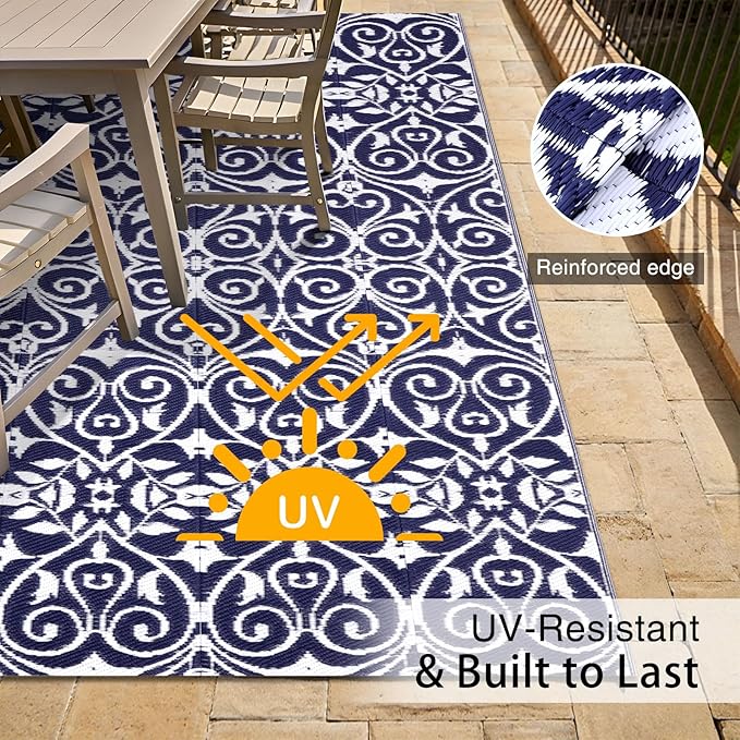 OLANLY Outdoor Rug Waterproof 5x8 ft Clearance, Reversible Outdoor Plastic Straw Rug with Floral Pattern, RV Mat for Patio, Camping, Balcony, Deck, Backyard, Navy & White-Ruum Studio Home