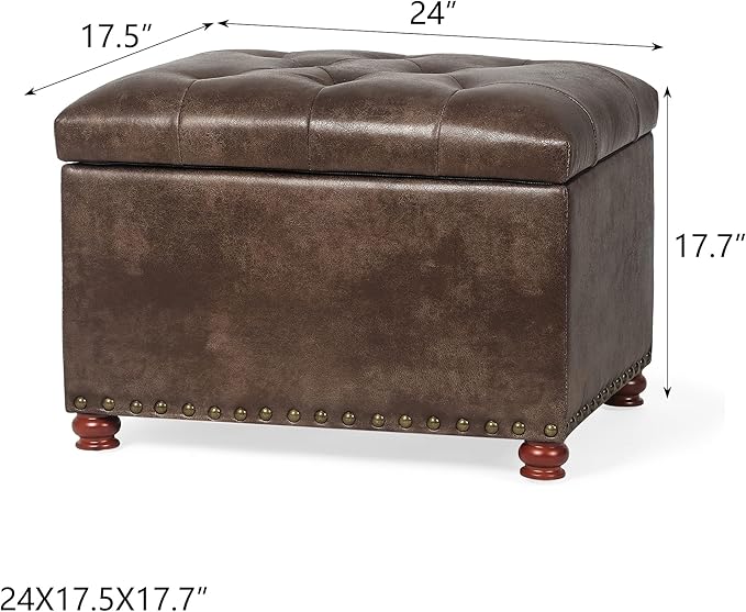 24'' Leather Ottoman with Storage Rectangle Foot Rest Ottomans Stool for Living Room(Brown,Leather Texture)-Ruum Studio Home