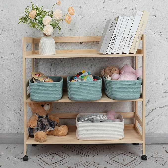 Small Woven Storage Baskets 12“X8”X5“ Decorative Rope Bins for Organizing Shelves, Closets, and Toys, Empty Gift Baskets, Cute Organizer Basket for Home and Office (green, regular)-Ruum Studio Home