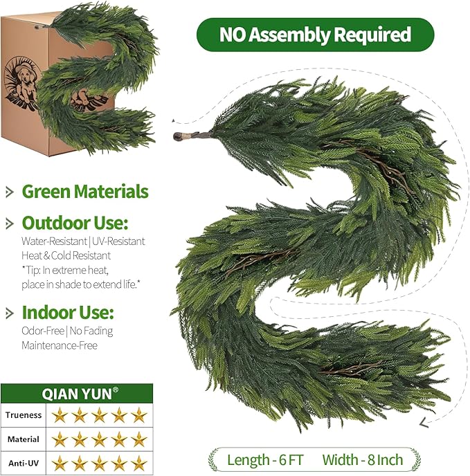 Christmas Decorations – 6FT Artificial Norfolk Pine Greenery Garland, Real Touch Christmas Garland for Mantel, Staircase, Fireplace, Front Door, Indoor & Outdoor Holiday Decor (1, 6FT)-Ruum Studio Home