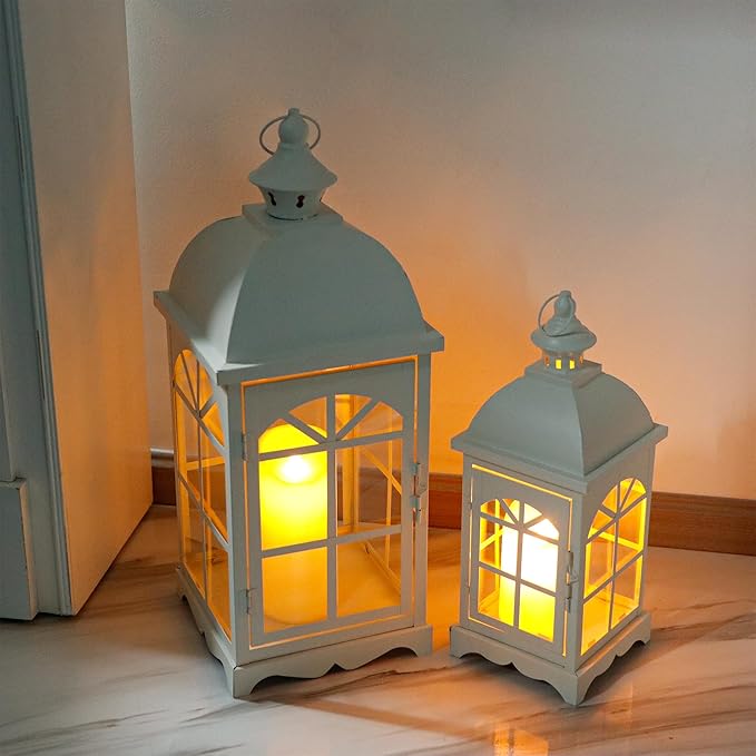 TRIROCKS Set of 2 Decorative Vintage Candle Lanterns 14.5"&20" H Farmhouse Outdoor Hanging Lanterns with Tempered Glass for Porch, Balcony, Patio, Home, Centerpieces, Indoor, Outdoor(White)-Ruum Studio Home