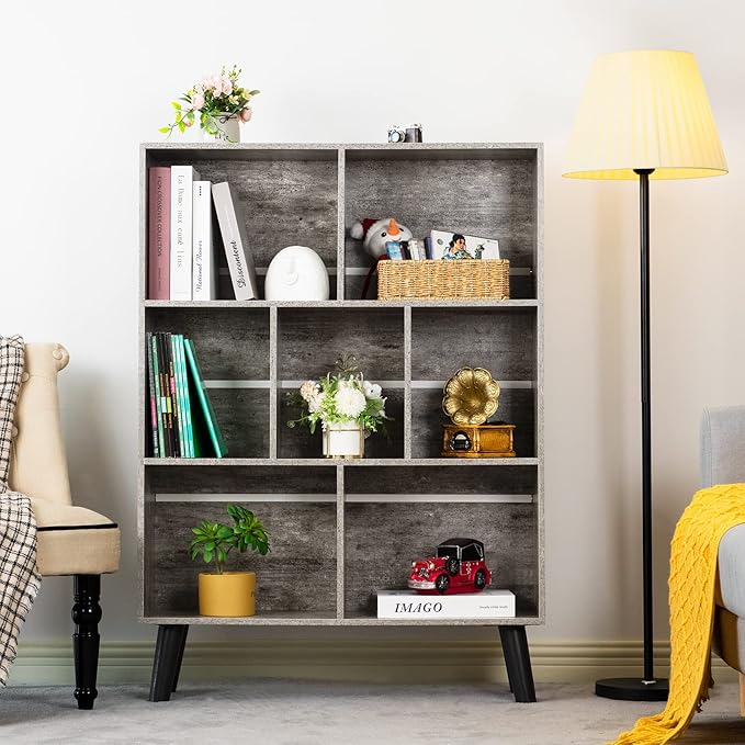 LEYAOYAO Bookshelf Cube Storage Organizer,3 Tier Bookcase with Legs,Modern Wood Open Shelf,Dirty Grey Bookshelves,Free Standing Display Short Book Shelves for Narrow Space,Bedroom,Living Room,Office-Ruum Studio Home
