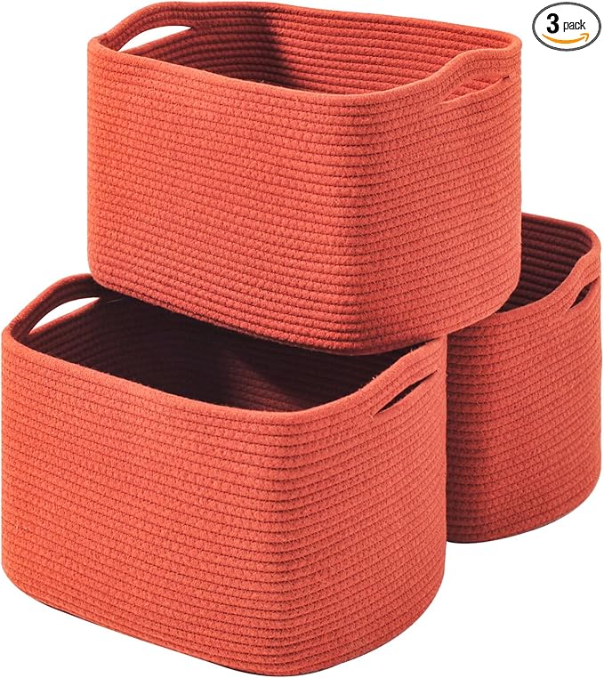 Storage Baskets for Organizing, Storage Basket for Shelves, Toy Towel Basket for Bathroom Nursery, Woven Cotton Rope Baskets for Decor, 15"x11"x9.5", 3 Packs, Brick Red-Ruum Studio Home
