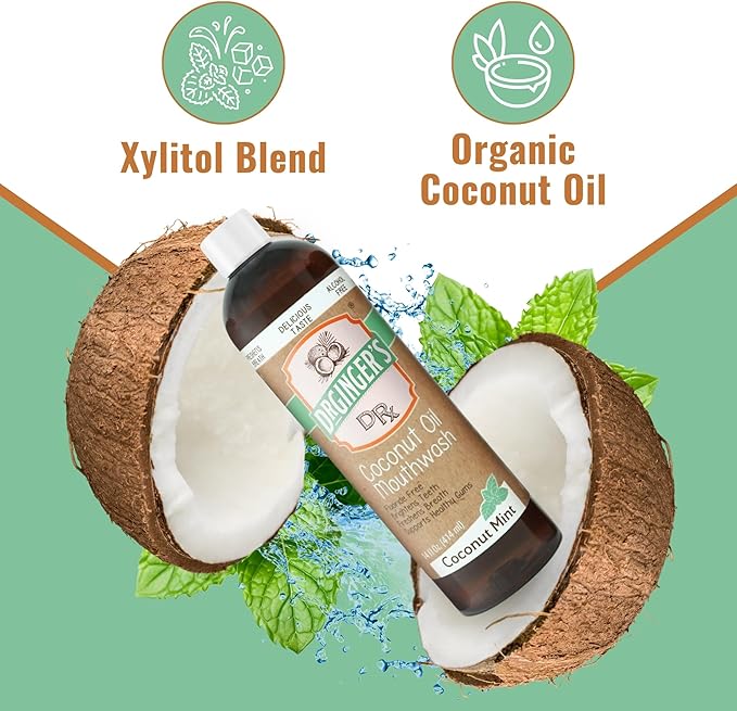 Dr. Ginger’s Coconut Oil Pulling Alcohol Free Mouthwash - Mint Flavor, 14 fl oz, 2pcs - Support Gum Health, Tongue, and Teeth Whitening for Adults, Fluoride Free, All-Natural, with Xylitol-Ruum Studio Home