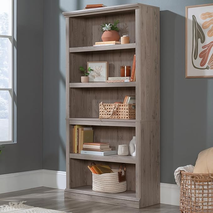 Sauder 5 Tier Book Shelf Wooden Bookcase Multipurpose Bookshelf for Home Office, Living Room, in Laurel Oak-Ruum Studio Home