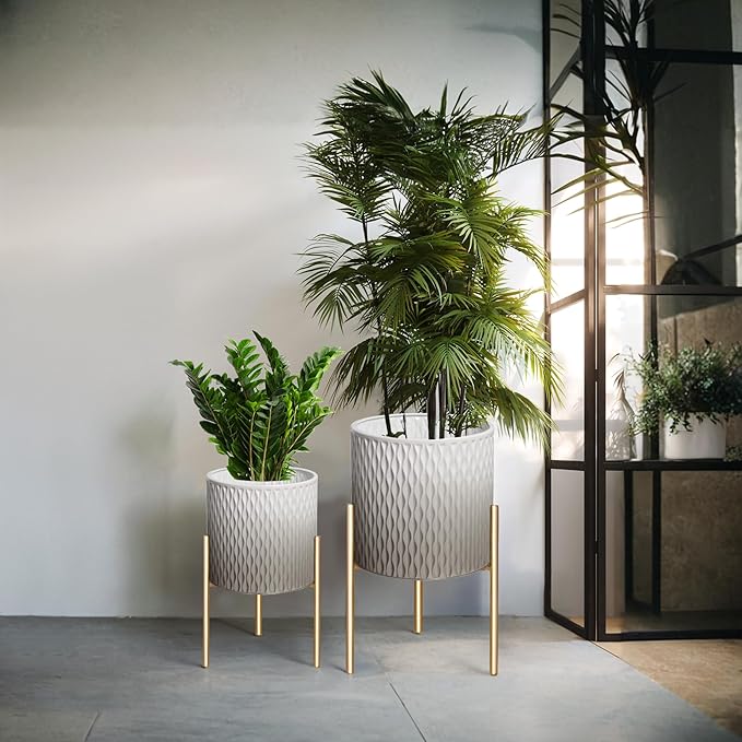 ARNIS Plants Pots with Stand,Set of 2 Flower Pots, Unique Mid Century Decorative Metal Flower Pots with Drainage,10.5&12.25 Inch, Grey and White-Ruum Studio Home