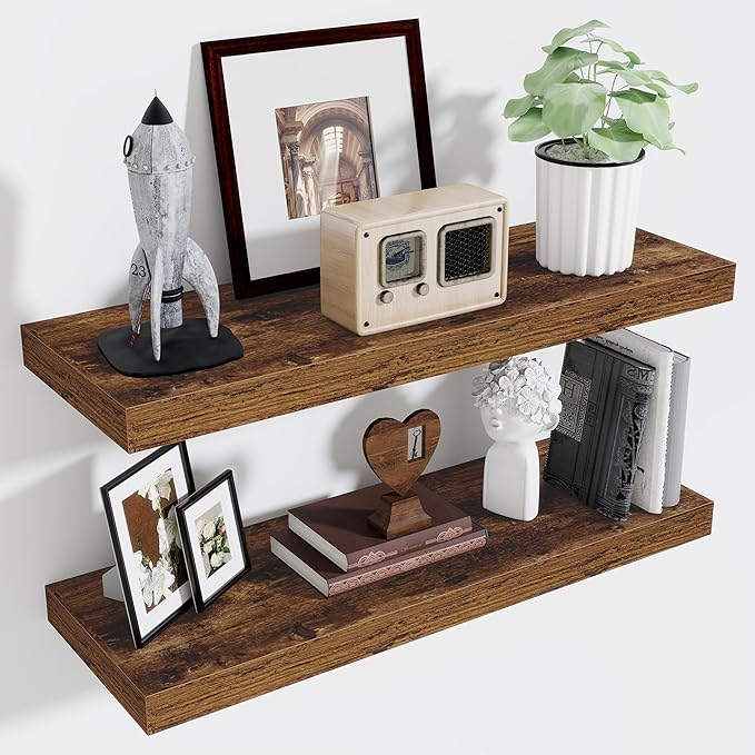 Fun Memories Floating Shelves for Wall, 32 Inch Long Floating Shelves Set of 2, 32 x 10 Wooden Shelves for Wall, Large Storage Shelves, Hanging Shelves for Bathroom Kitchen Bedroom, Rustic Brown-Ruum Studio Home