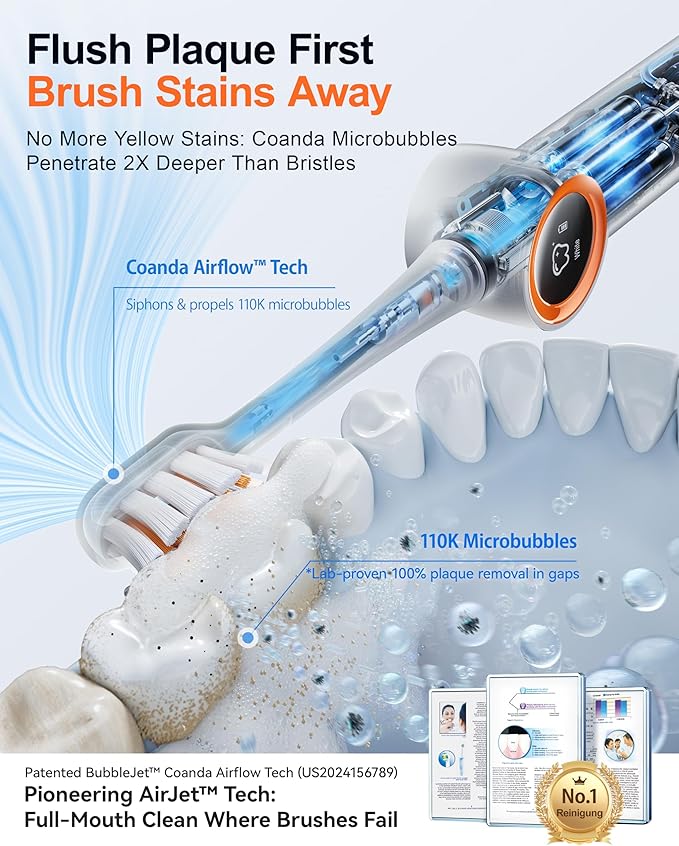 RANVOO [Vibrating & Flossing 2-in-1 AirJet Bubble Sonic Electric Toothbrush, 100% Plaque Removal, Whiter for Adult Protect Gum Orthodontic Teeth Clean Rechargeable Gift with 2 Soft Brush Heads White-Ruum Studio Home