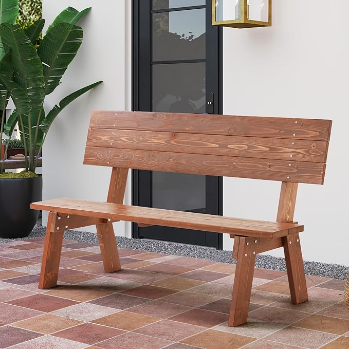 AVAWING Outdoor Convertible Wood Bench with Backrest, Patio Wood Convert a Bench, Space-Saving 2-in-1 Picnic Table Chairs Set for Backyard, Porch, Patio, Garden, Brown-Ruum Studio Home