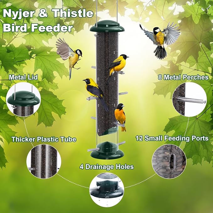 FEED GARDEN Finch Feeders for Outside, Nyjer & Thistle Bird Feeders, 15 Inch Tube Feeder with 12 Small Ports & 8 Perches, Durable Metal Design for Outdoor Hanging, Easy Fill & Clean-Ruum Studio Home