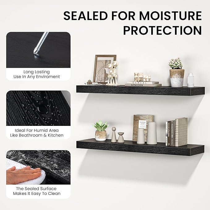 Floating Shelves for Wall, 36" W x 8" D x 1.5" H, Wooden Wall Mounted Display Shelves with Invisible Brackets for Living Room, Bedroom, Bathroom, Kitchen Decor and Storage, Set of 2, Black-Ruum Studio Home