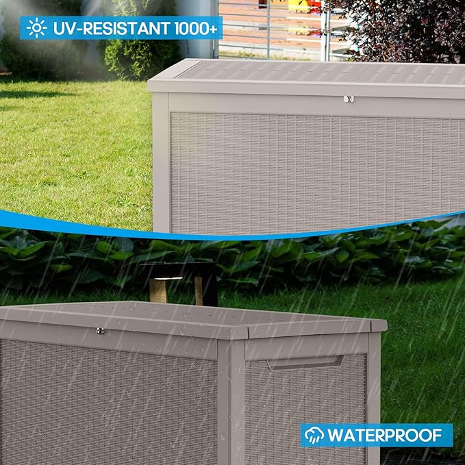 267 Gallon Deck Box Large Outdoor Storage for Patio Furniture,Outdoor Cushions,Garden Tools and Pool Supplies,Waterproof,Resin,Lockable(Grey Rattan)-Ruum Studio Home